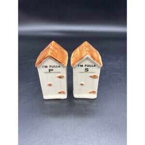 Vintage Outhouse Salt & Pepper Shakers Cork Stoppers "I'M FULLA P" "I'M FULLA S"